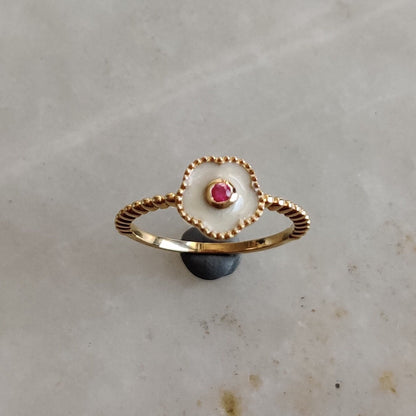 Natural Ruby With White Enamel Ring, 14k Solid Yellow Gold Ruby Enamel Ring, Natural Ruby Ring, July Birthstone, Christmas Gift, Enamel Ring