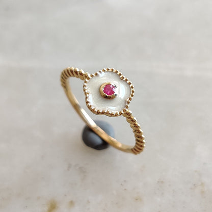 Natural Ruby With White Enamel Ring, 14k Solid Yellow Gold Ruby Enamel Ring, Natural Ruby Ring, July Birthstone, Christmas Gift, Enamel Ring