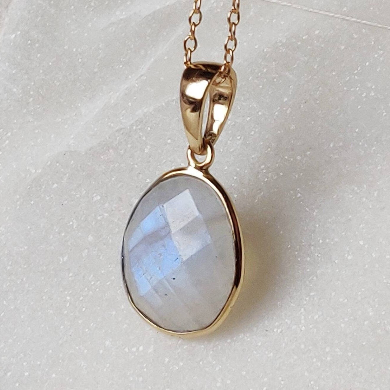 Natural Rainbow Moonstone Pendant, 14K Solid Yellow Gold Moonstone Pendant, Bezel Pendant, Blue Moonstone Jewelry, Christmas Present