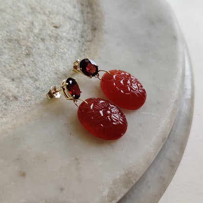 Natural Garnet & Red Onyx Earrings, 14K Solid Yellow Gold Garnet Red Onyx Earrings, January Birthstone, Red Onyx Carving Earrings