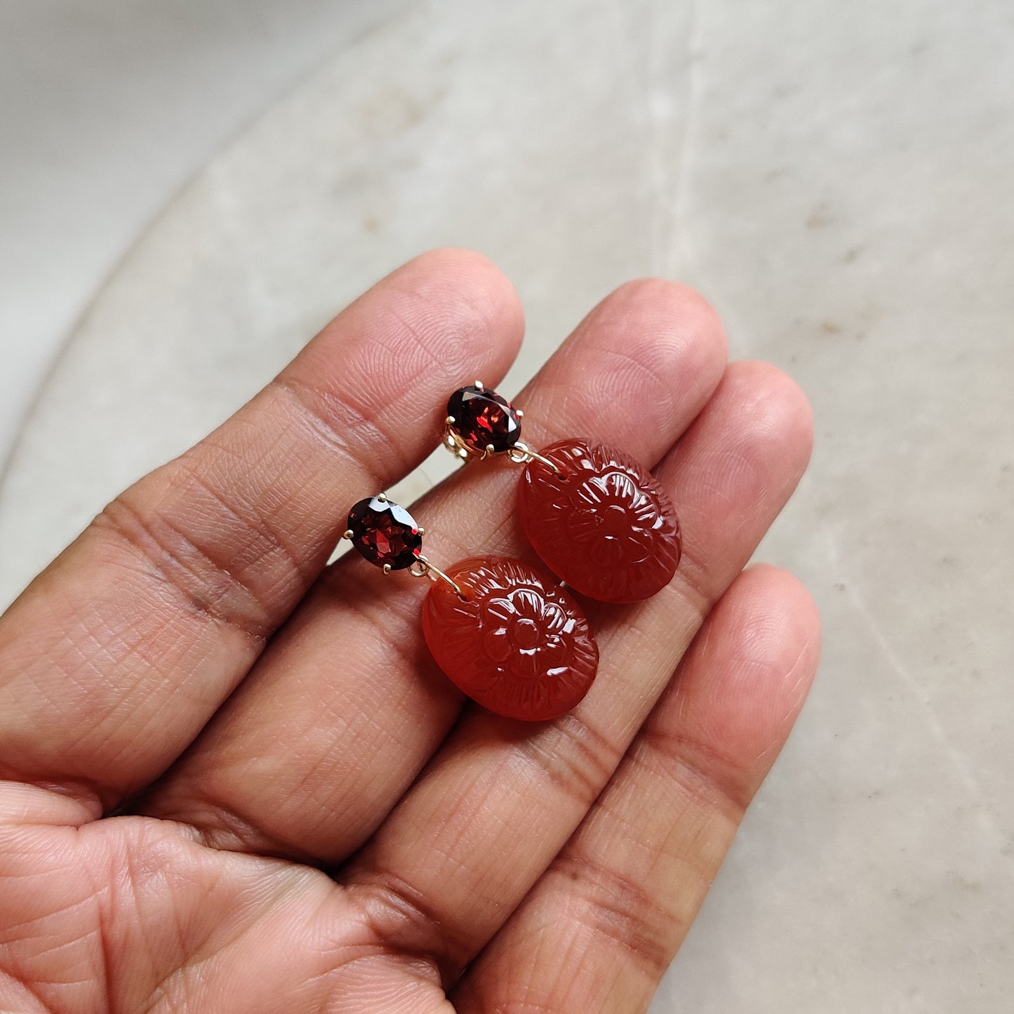 Natural Garnet & Red Onyx Earrings, 14K Solid Yellow Gold Garnet Red Onyx Earrings, January Birthstone, Red Onyx Carving Earrings