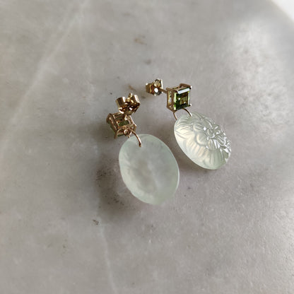 Natural Peridot & Prehnite Earrings, 14K Solid Yellow Gold Peridot Prehnite Earrings, August Birthstone, Prehnite Carving Earrings