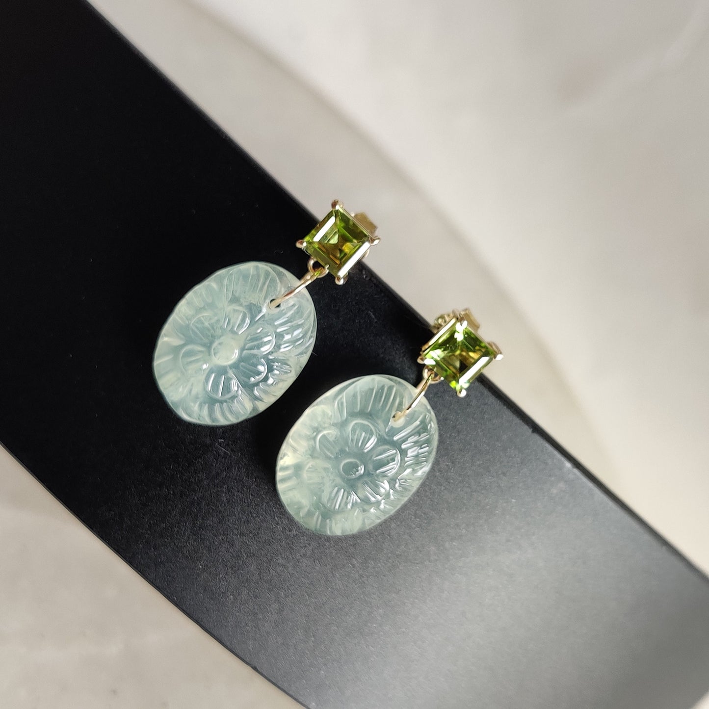 Natural Peridot & Prehnite Earrings, 14K Solid Yellow Gold Peridot Prehnite Earrings, August Birthstone, Prehnite Carving Earrings