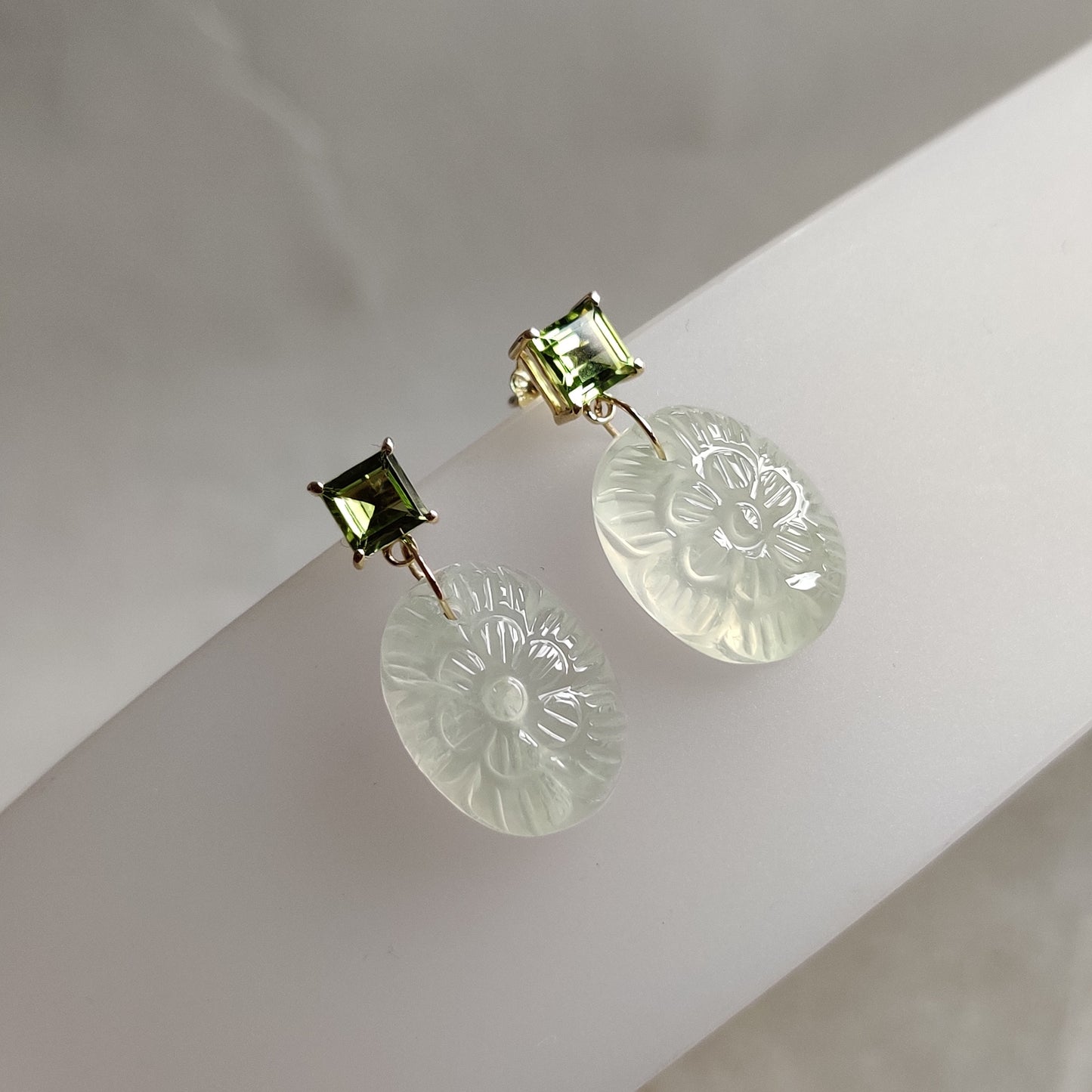 Natural Peridot & Prehnite Earrings, 14K Solid Yellow Gold Peridot Prehnite Earrings, August Birthstone, Prehnite Carving Earrings