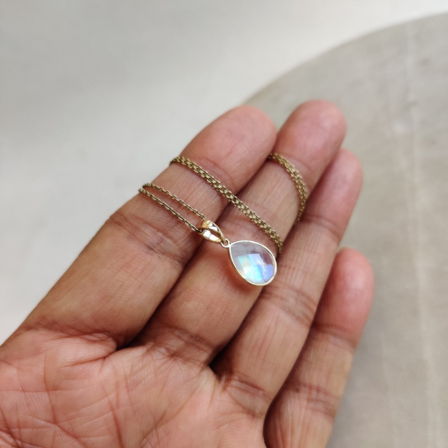 Natural Rainbow Moonstone Necklace, 14K Solid Yellow Gold Moonstone Pendant, Blue Moonstone Jewelry, June Birthstone, Christmas Gift