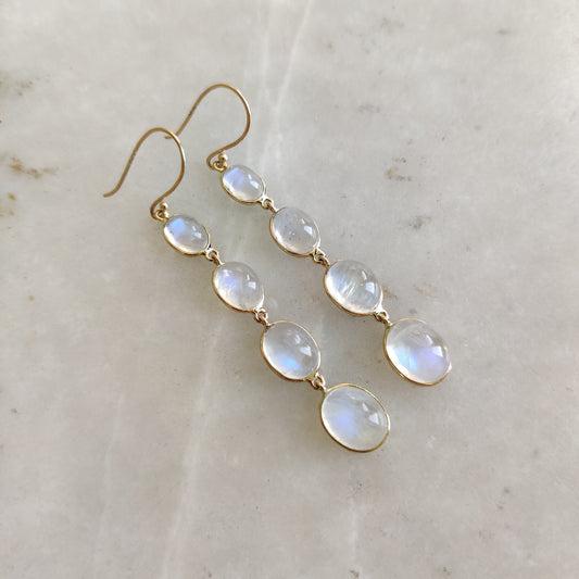 14K Gold Rainbow Moonstone Earrings, Natural Rainbow Moonstone Bezel Earring, 14K Solid Yellow Gold Earring, June Birthstone, Christmas Gift