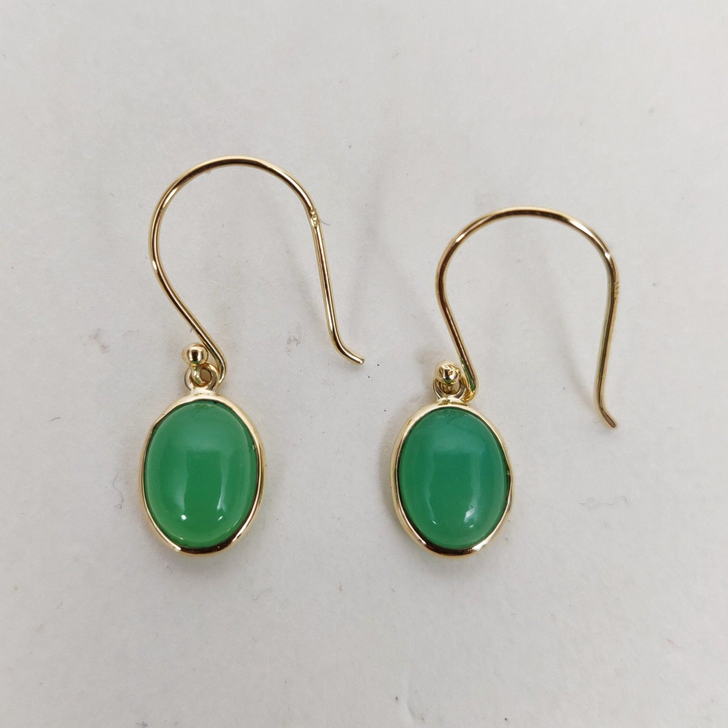 14K Gold Chrysoprase Earrings, Natural Chrysoprase  Bezel Earrings, 14K Solid Yellow Gold Earrings, June Birthstone, Drop Earrings