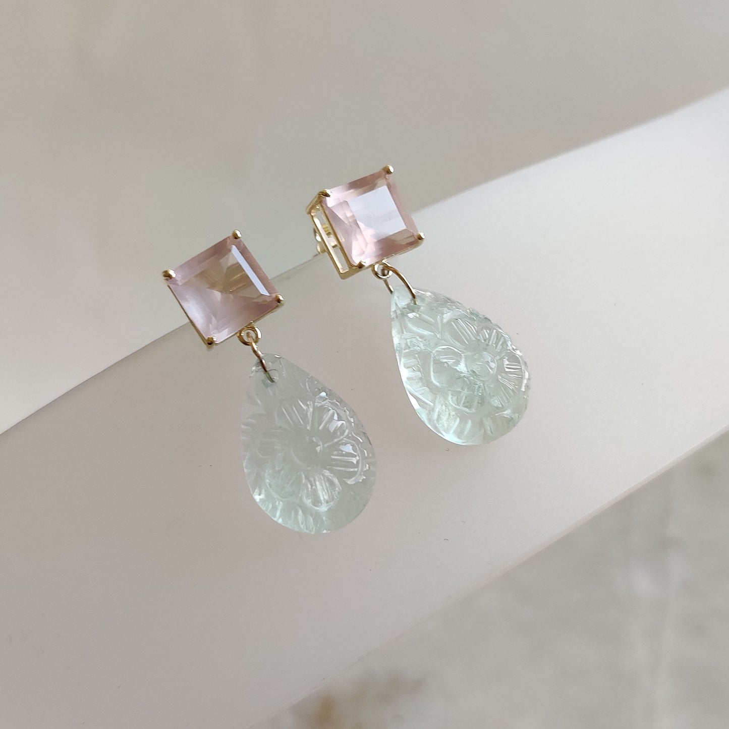 14K Gold Rose Quartz Green Flourite Earring, 14K Solid Yellow Gold Rose Quartz Flourite Earring, January Birthstone, Flourite Carve Earrings