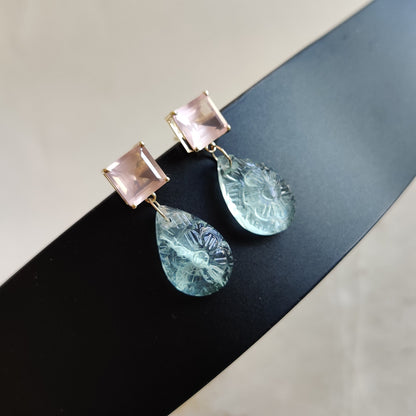 14K Gold Rose Quartz Green Flourite Earring, 14K Solid Yellow Gold Rose Quartz Flourite Earring, January Birthstone, Flourite Carve Earrings