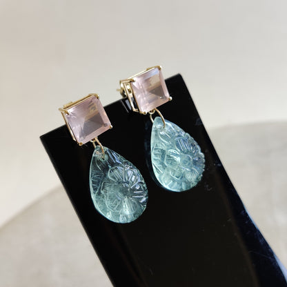 14K Gold Rose Quartz Green Flourite Earring, 14K Solid Yellow Gold Rose Quartz Flourite Earring, January Birthstone, Flourite Carve Earrings