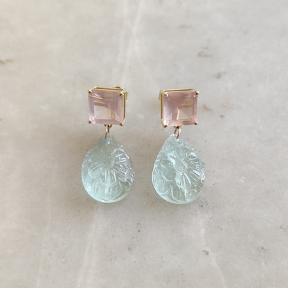 14K Gold Rose Quartz Green Flourite Earring, 14K Solid Yellow Gold Rose Quartz Flourite Earring, January Birthstone, Flourite Carve Earrings