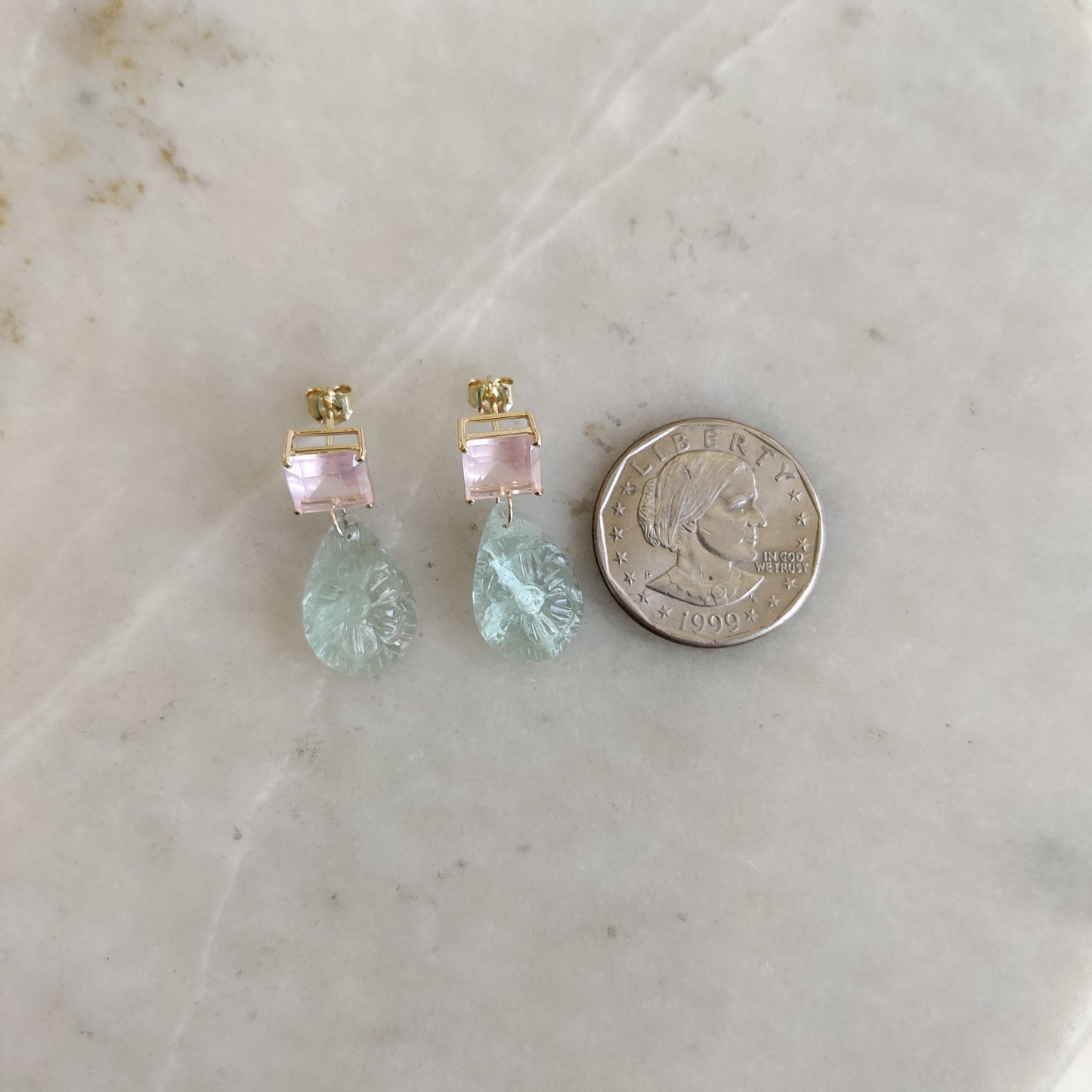 14K Gold Rose Quartz Green Flourite Earring, 14K Solid Yellow Gold Rose Quartz Flourite Earring, January Birthstone, Flourite Carve Earrings