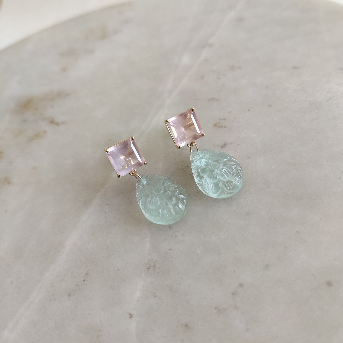 14K Gold Rose Quartz Green Flourite Earring, 14K Solid Yellow Gold Rose Quartz Flourite Earring, January Birthstone, Flourite Carve Earrings