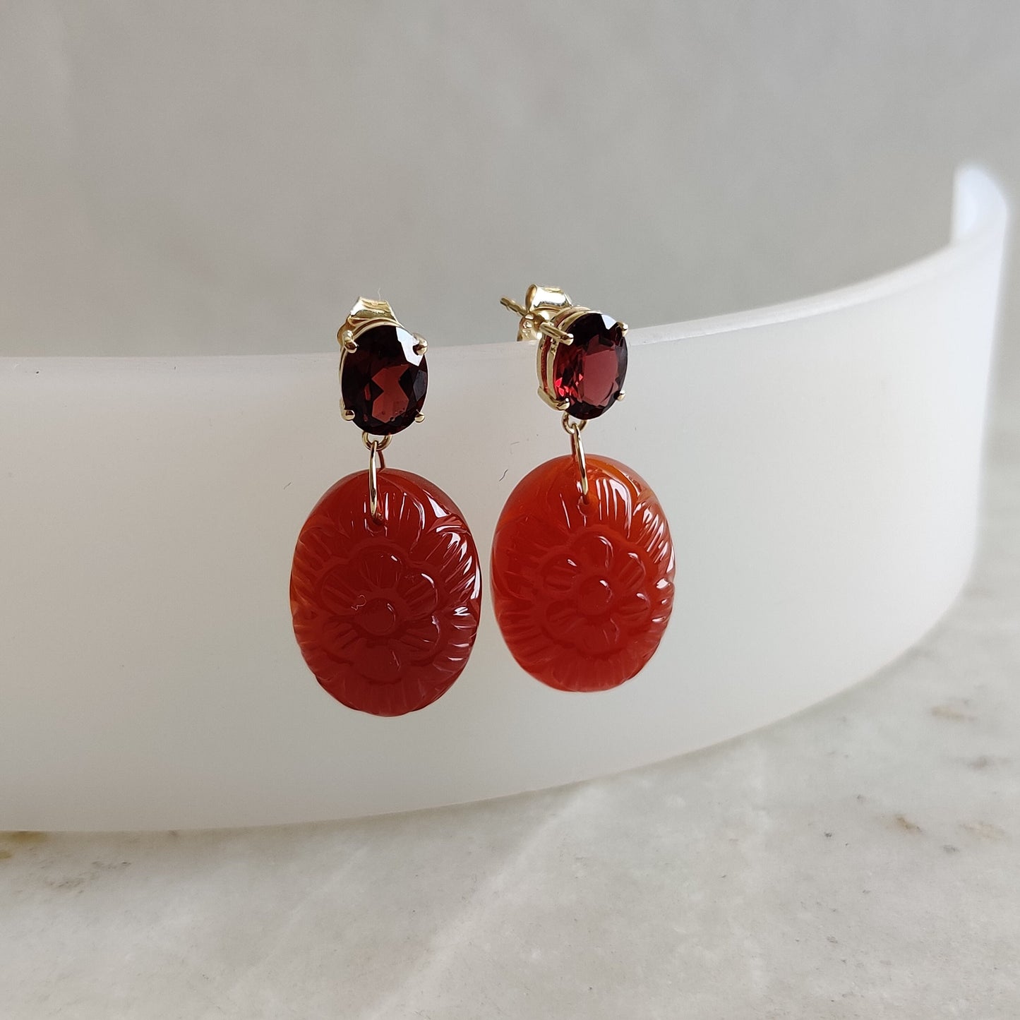 Natural Garnet & Red Onyx Earrings, 14K Solid Yellow Gold Garnet Red Onyx Earrings, January Birthstone, Red Onyx Carving Earrings