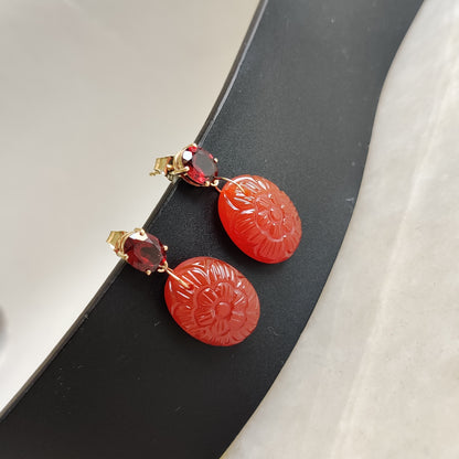 Natural Garnet & Red Onyx Earrings, 14K Solid Yellow Gold Garnet Red Onyx Earrings, January Birthstone, Red Onyx Carving Earrings