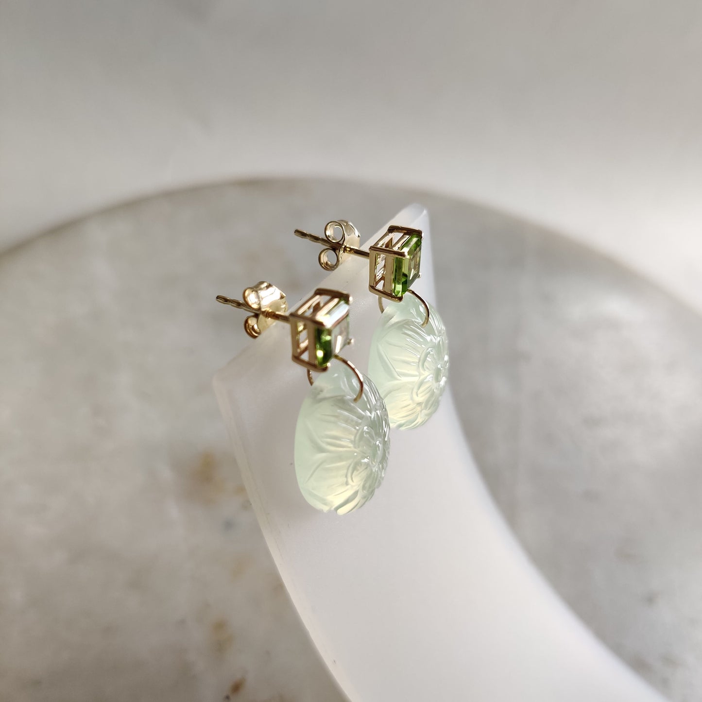 Natural Peridot & Prehnite Earrings, 14K Solid Yellow Gold Peridot Prehnite Earrings, August Birthstone, Prehnite Carving Earrings