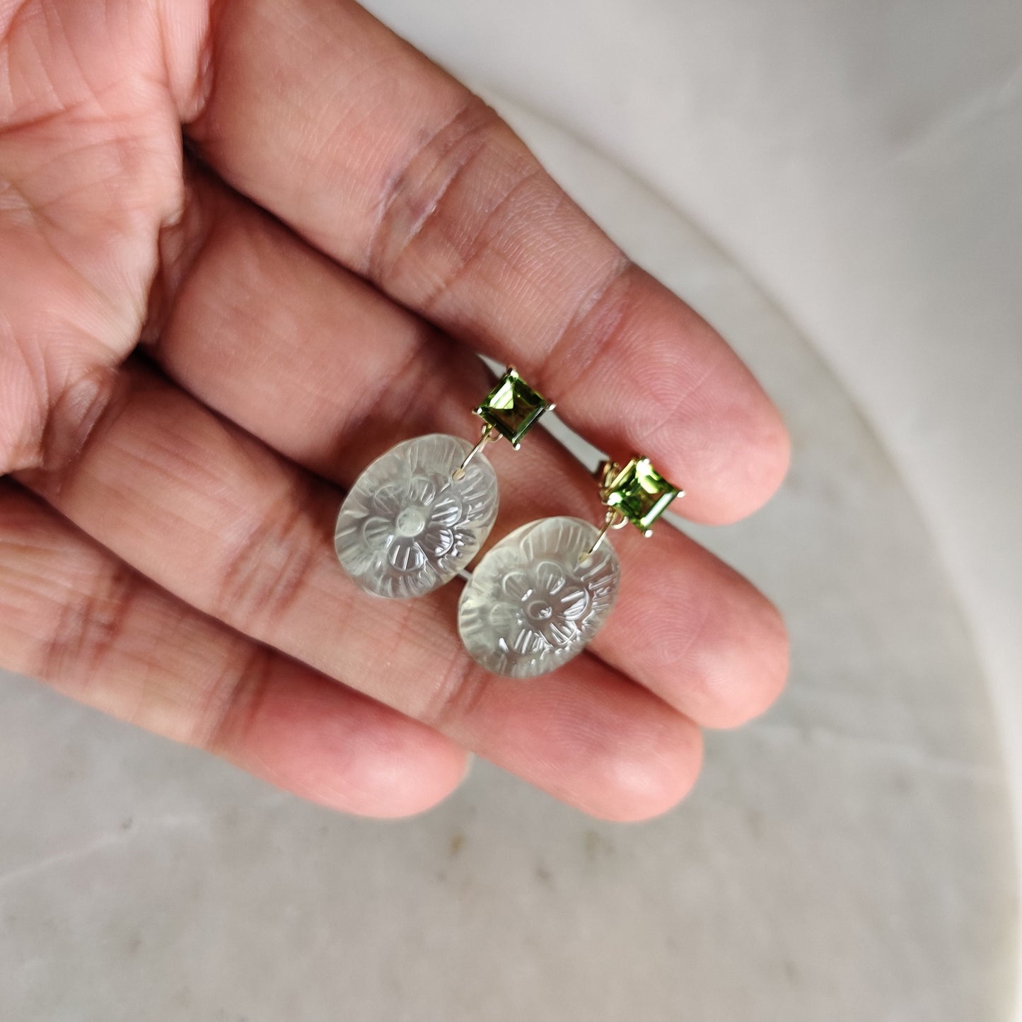 Natural Peridot & Prehnite Earrings, 14K Solid Yellow Gold Peridot Prehnite Earrings, August Birthstone, Prehnite Carving Earrings