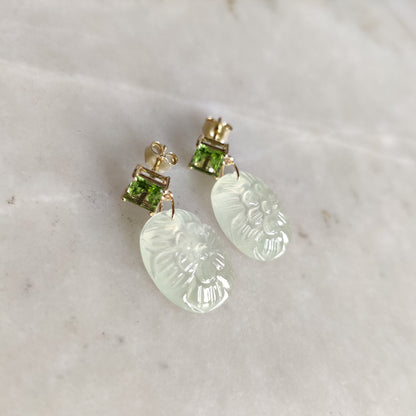 Natural Peridot & Prehnite Earrings, 14K Solid Yellow Gold Peridot Prehnite Earrings, August Birthstone, Prehnite Carving Earrings