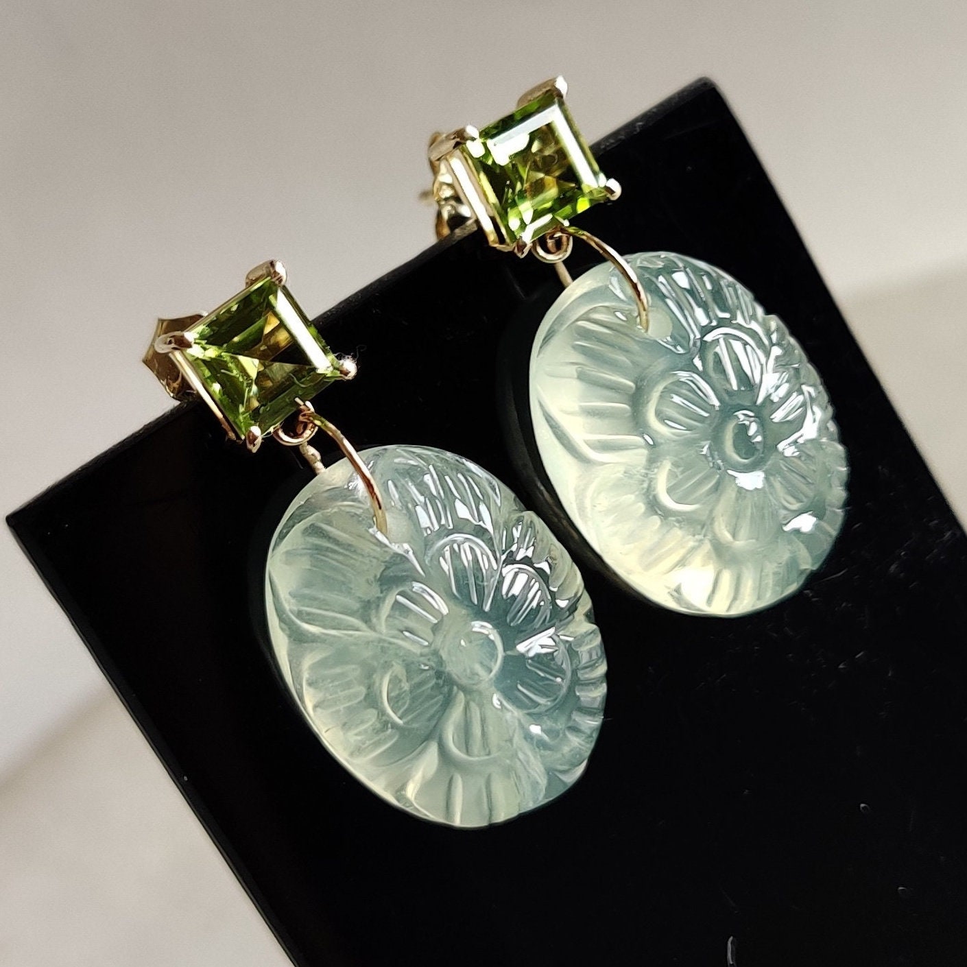 Natural Peridot & Prehnite Earrings, 14K Solid Yellow Gold Peridot Prehnite Earrings, August Birthstone, Prehnite Carving Earrings