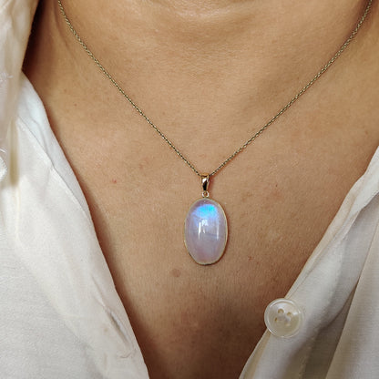 Natural Rainbow Moonstone Necklace, 14K Solid Gold Moonstone Pendant, Yellow Gold Necklace Pendant, Blue Moonstone Jewelry, June Birthstone