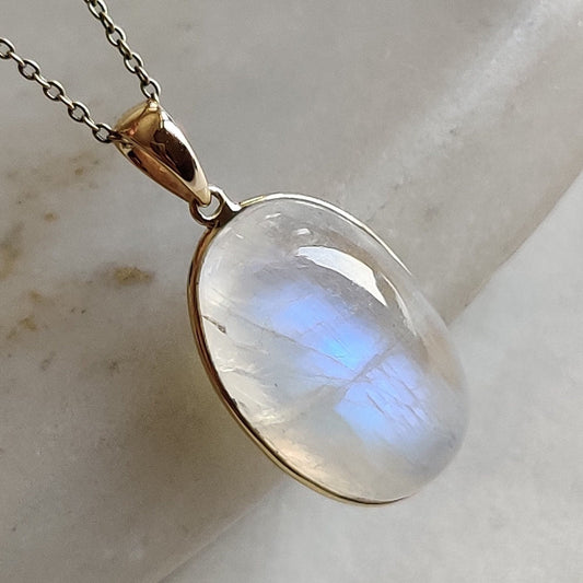 Natural Rainbow Moonstone Necklace, 14K Solid Gold Moonstone Pendant, Yellow Gold Necklace Pendant, Blue Moonstone Jewelry, June Birthstone