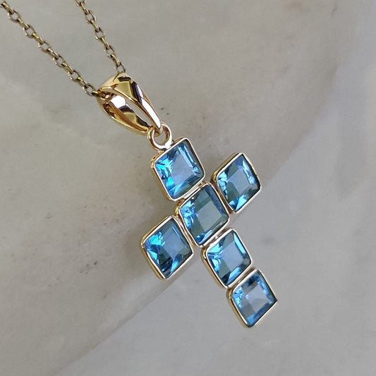 Natural Swiss Blue Topaz Cross Pendant, 14K Solid Yellow Gold Pendant, Topaz Cross Pendant, December Birthstone, Holy Cross Pendant