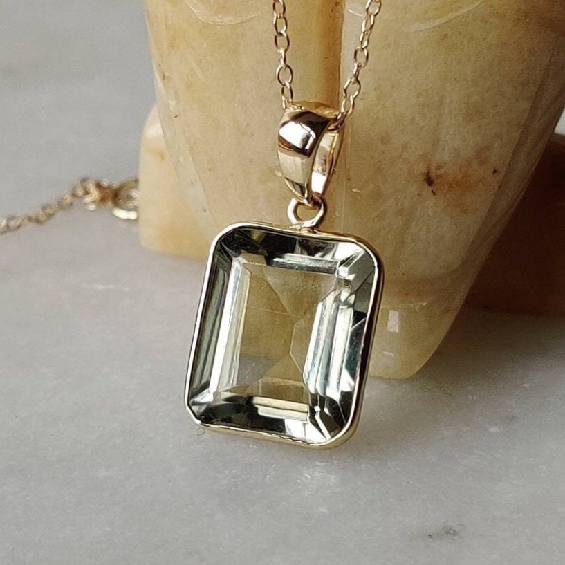 Natural Green Amethyst Pendant, 14K Solid Yellow Gold Pendant, February Birthstone Pendant, Green Amethyst Jewelry, Christmas Present