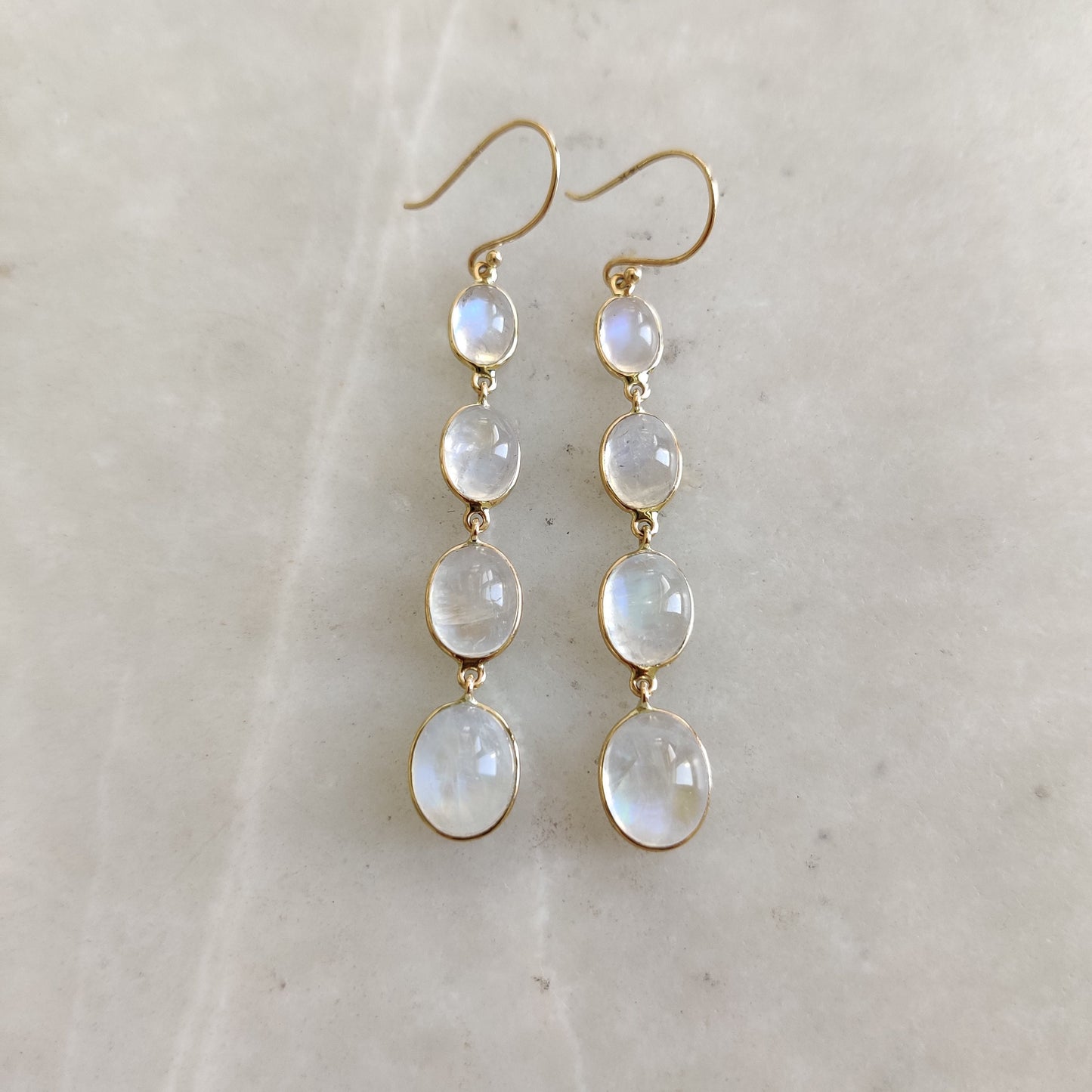 14K Gold Rainbow Moonstone Earrings, Natural Rainbow Moonstone Bezel Earring, 14K Solid Yellow Gold Earring, June Birthstone, Christmas Gift