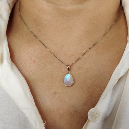 Natural Rainbow Moonstone Necklace, 14K Solid Yellow Gold Moonstone Pendant, Blue Moonstone Jewelry, June Birthstone, Christmas Gift