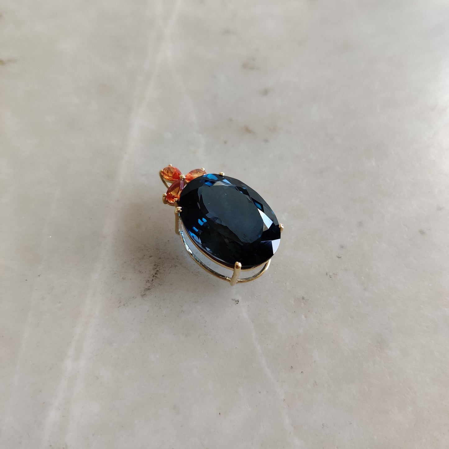 Colgante de topacio azul de Londres natural, colgante de topacio azul y zafiro naranja de oro amarillo macizo de 14 quilates, piedra natal de diciembre, regalo de Navidad