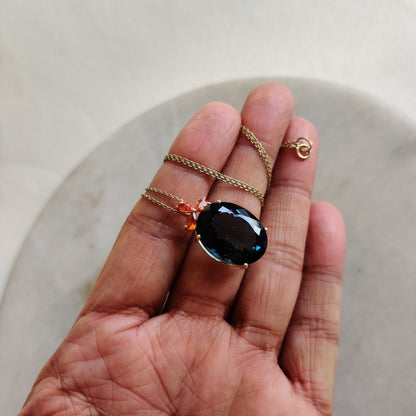 Colgante de topacio azul de Londres natural, colgante de topacio azul y zafiro naranja de oro amarillo macizo de 14 quilates, piedra natal de diciembre, regalo de Navidad