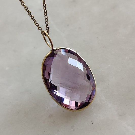 Natural Pink Amethyst Pendant, 14K Solid Yellow Gold Pink Amethyst Pendant, February Birthstone, Christmas Present, Pink Amethyst Jewelry