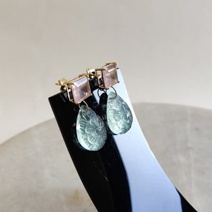 14K Gold Rose Quartz Green Flourite Earring, 14K Solid Yellow Gold Rose Quartz Flourite Earring, January Birthstone, Flourite Carve Earrings