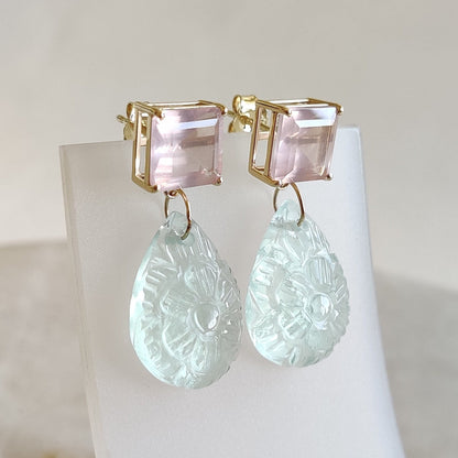 14K Gold Rose Quartz Green Flourite Earring, 14K Solid Yellow Gold Rose Quartz Flourite Earring, January Birthstone, Flourite Carve Earrings