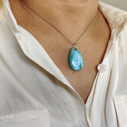 Natural Larimar Pendant, 14K Solid Yellow Gold Larimar Pendant, February March Birthstone Pendant, Larimar Jewelry, Christmas Present