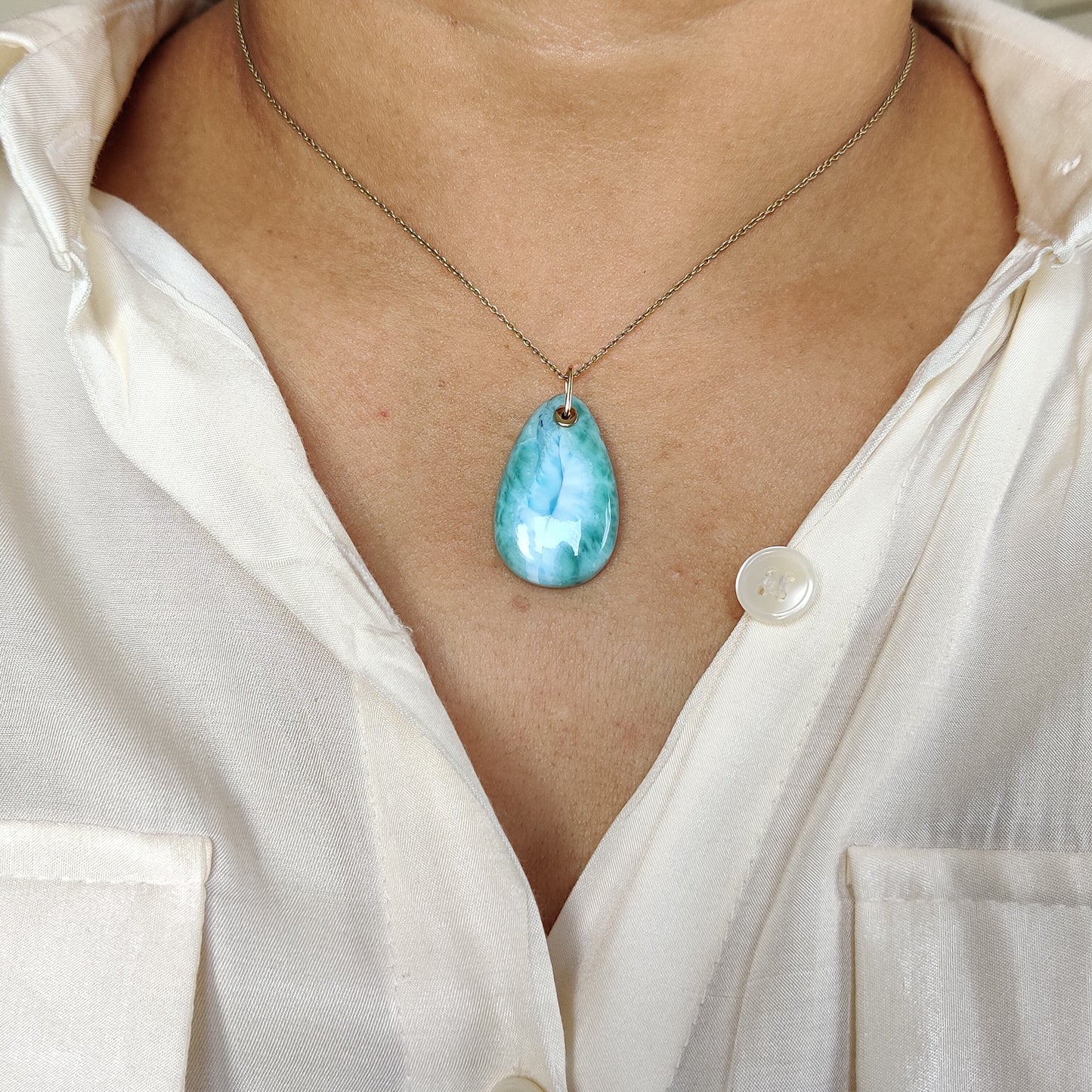 Natural Larimar Pendant, 14K Solid Yellow Gold Larimar Pendant, February March Birthstone Pendant, Larimar Jewelry, Christmas Present