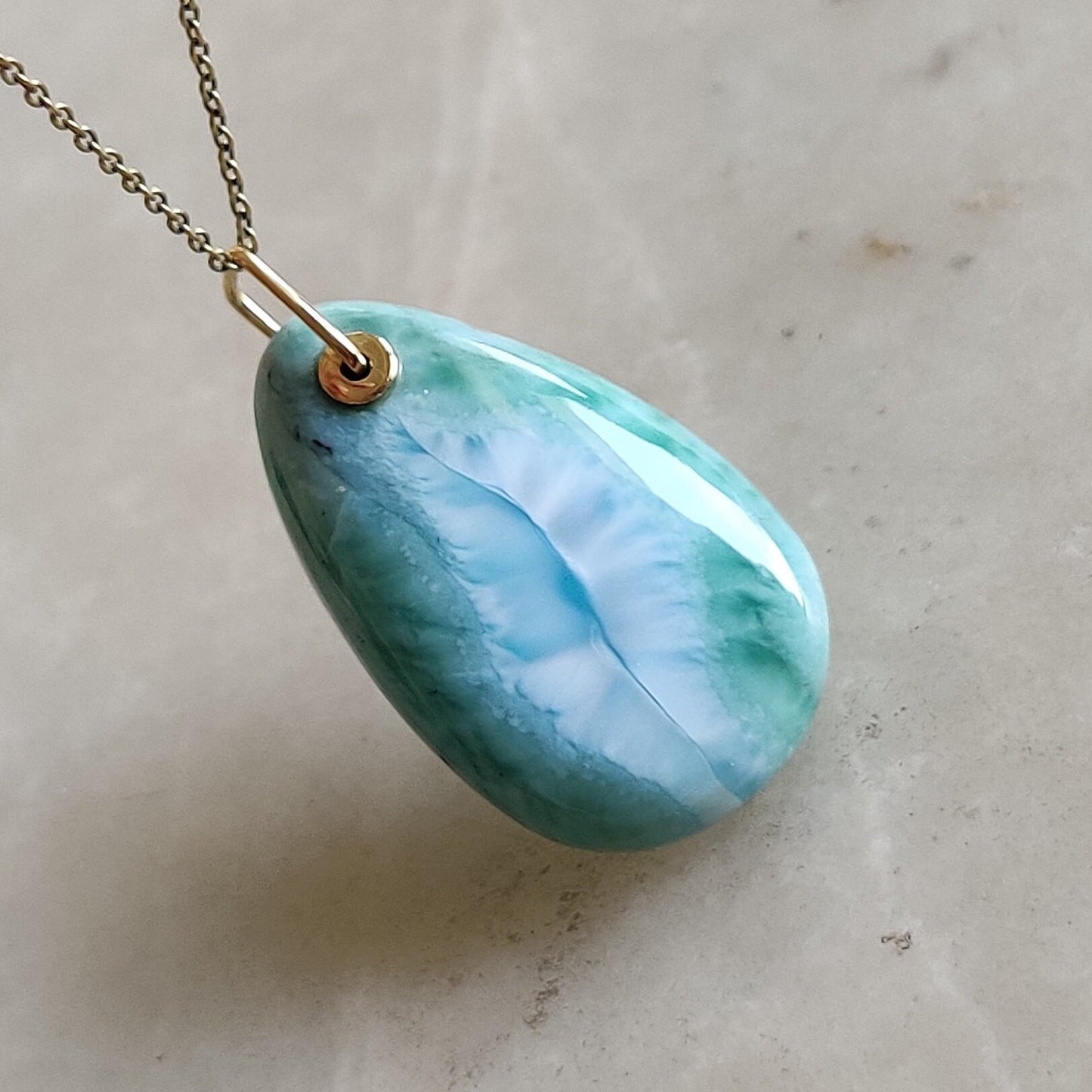 Natural Larimar Pendant, 14K Solid Yellow Gold Larimar Pendant, February March Birthstone Pendant, Larimar Jewelry, Christmas Present