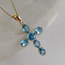 14K Solid Gold Natural Swiss Blue Topaz Cross Pendant, December Birthstone