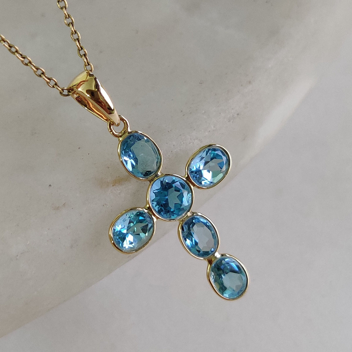 14K Solid Gold Natural Swiss Blue Topaz Cross Pendant, December Birthstone