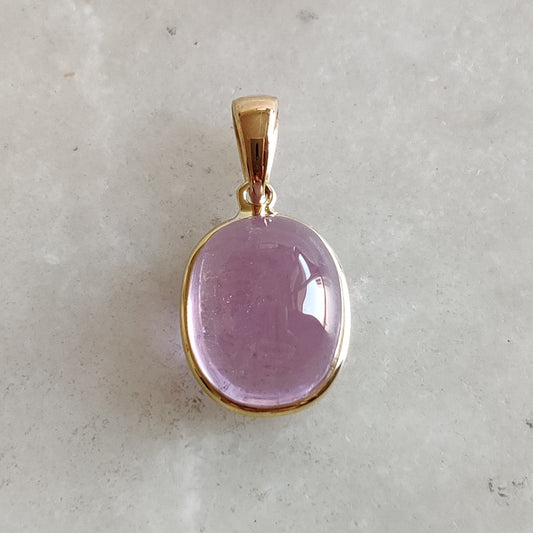 Natural Kunzite Pendant, 14K Solid Yellow Pink Kunzite Pendant, October Birthstone Pendant, Bezel Pendant, Oval Pendant, Anniversary Present