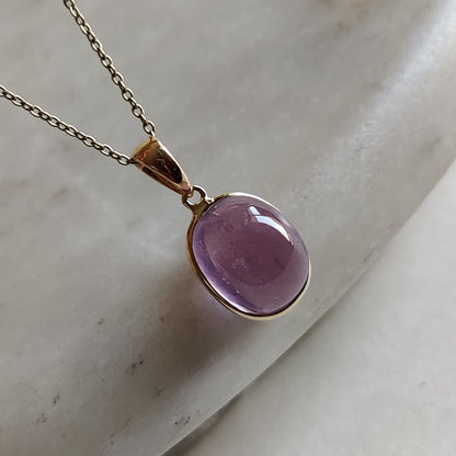 Natural Kunzite Pendant, 14K Solid Yellow Pink Kunzite Pendant, October Birthstone Pendant, Bezel Pendant, Oval Pendant, Anniversary Present