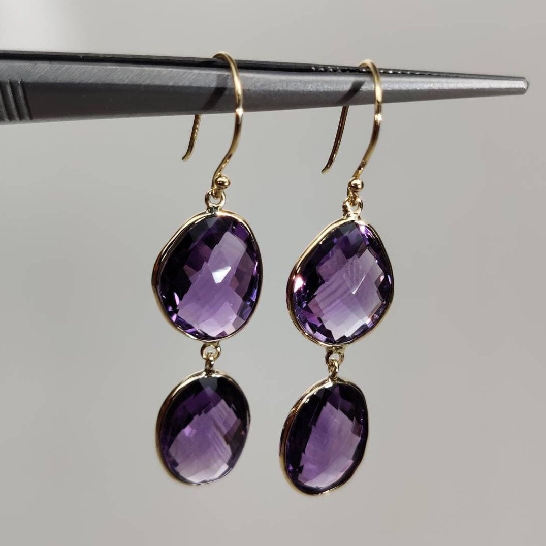 14K Gold Purple Amethyst Earring, Natural Purple Amethyst Bezel Earring, 14K Solid Yellow Gold Earring, February Birthstone, Christmas Gift