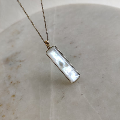 Natural Mother of Pearl & Crystal Pendant, Natural Pearl Bezel Necklace, 14K Solid Yellow Gold Pendant, June Birthstone, Christmas Gift