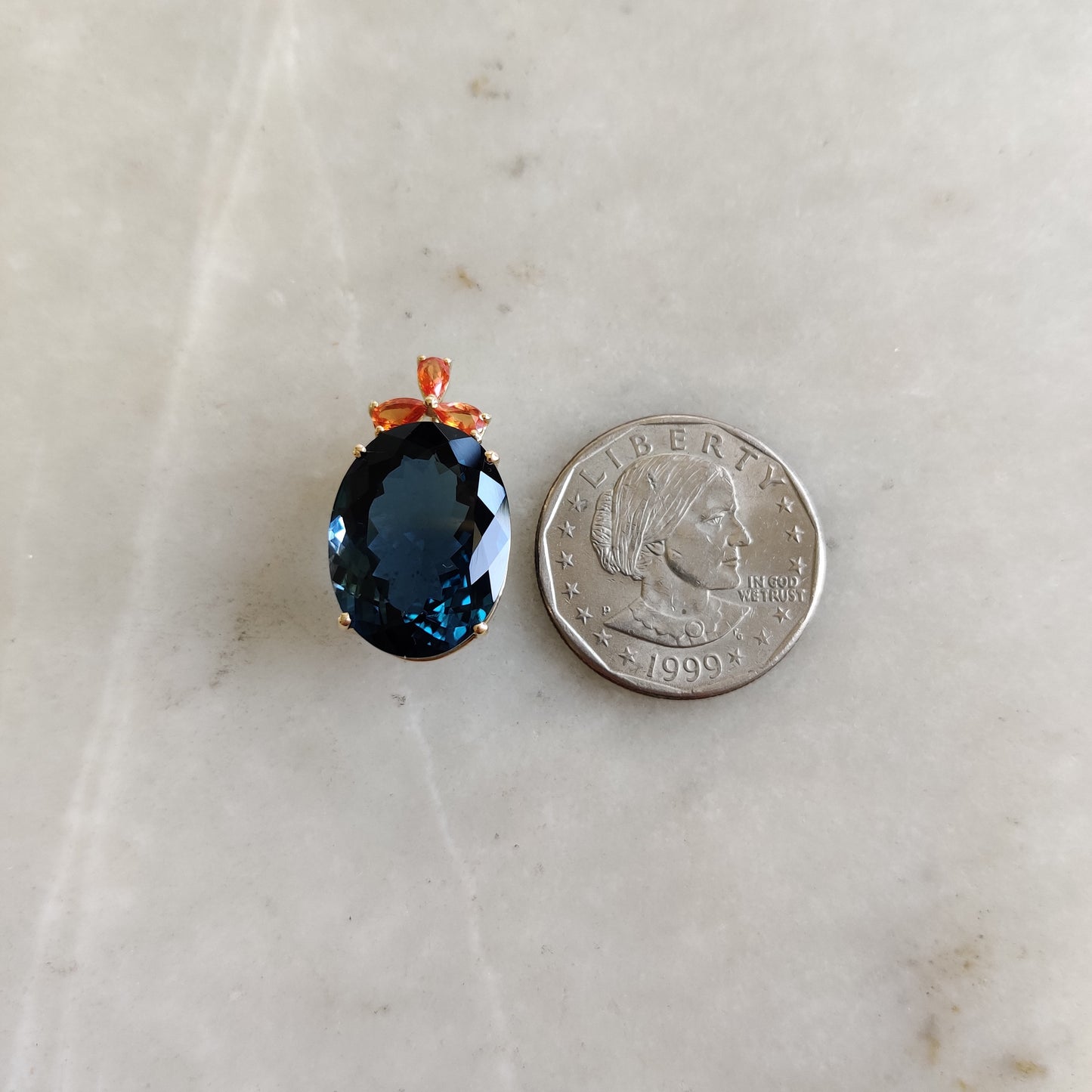 Colgante de topacio azul de Londres natural, colgante de topacio azul y zafiro naranja de oro amarillo macizo de 14 quilates, piedra natal de diciembre, regalo de Navidad