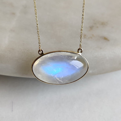 Natural Rainbow Moonstone Necklace, 14K Solid Gold Moonstone Pendant, Yellow Gold Chain Necklace, Blue Moonstone Jewelry, June Birthstone