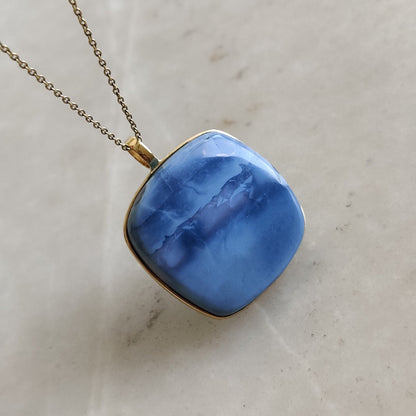 Natural Blue Opal Pendant, 14K Solid Yellow Gold Blue Opal Pendant, Bezel Pendant, October Birthstone, Blue Opal Jewelry, Christmas Present