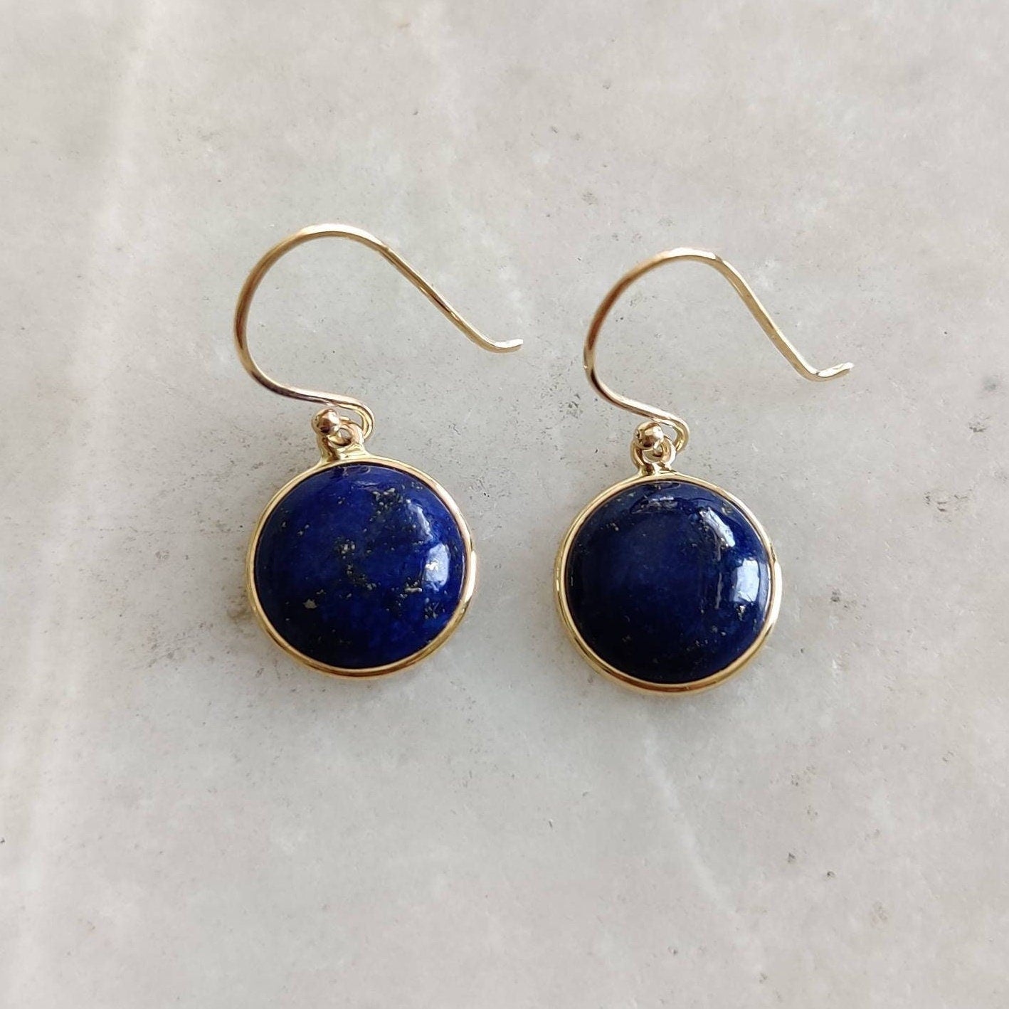 Natural Lapis Lazuli Earrings, 14K Solid Yellow Gold Earrings, Bezel Set Earrings, September Birthstone Drop Earrings, Christmas Present