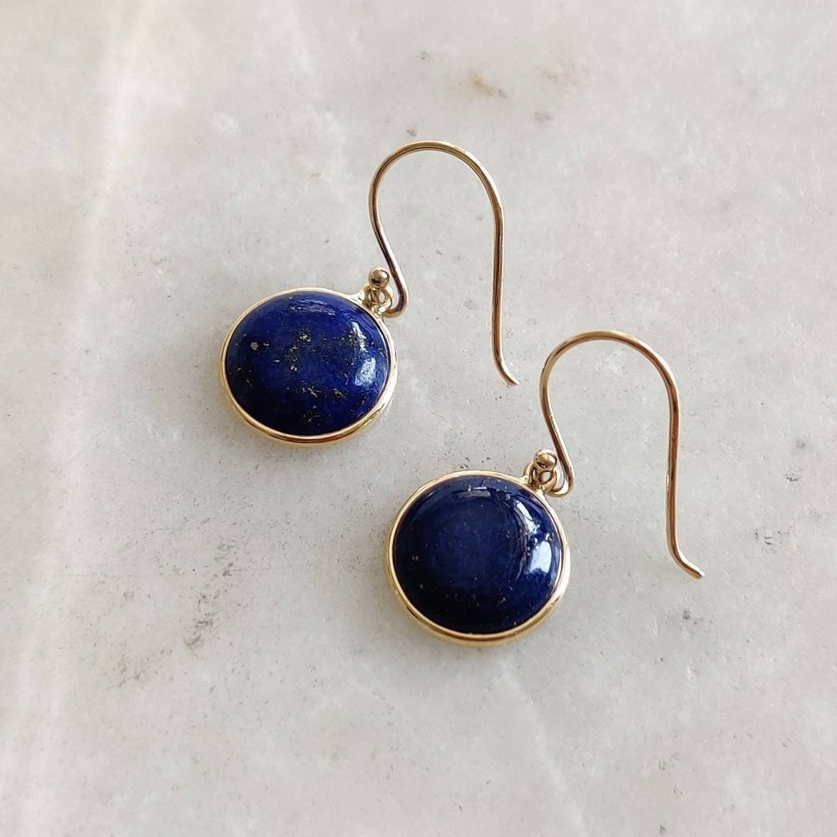 Natural Lapis Lazuli Earrings, 14K Solid Yellow Gold Earrings, Bezel Set Earrings, September Birthstone Drop Earrings, Christmas Present