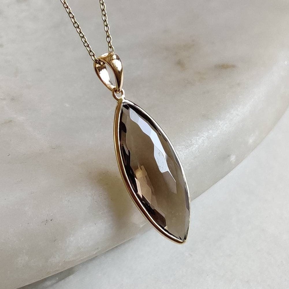 14K Gold Natural Smoky Quartz Pendant, Solid Yellow Gold Quartz Pendant, Marquise Faceted Pendant, June Birthstone Pendant, Christmas Gift