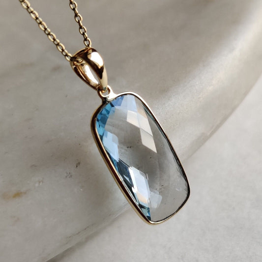 Natural Sky Blue Topaz Pendant, 14K Solid Gold Sky Blue Topaz Pendant, Solid Gold Bezel Pendant, December Birthstone, Christmas Present